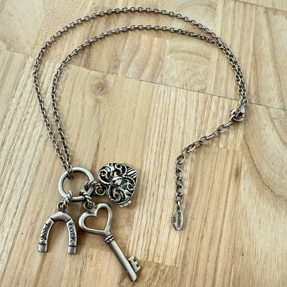 Barse 925 Sterling silver good luck horseshoe heart locket key necklace